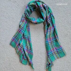 Polo Ralph Lauren Wool/Modal Green Pink Plaid Lightweight Scarf Preppy